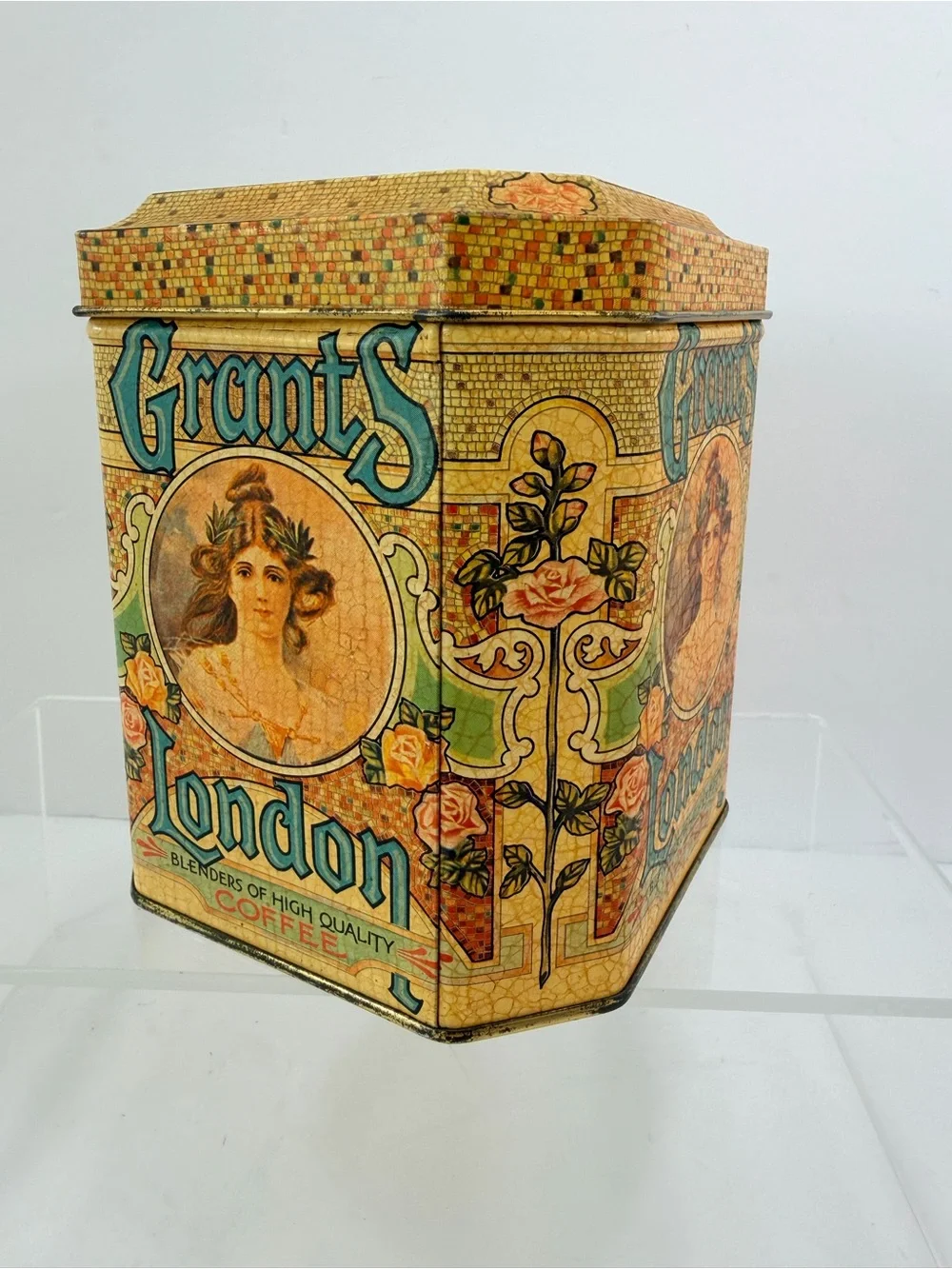 VTG Grant’s London Octagonal Coffee Tin 1950s English Litho Retro Kitchenalia